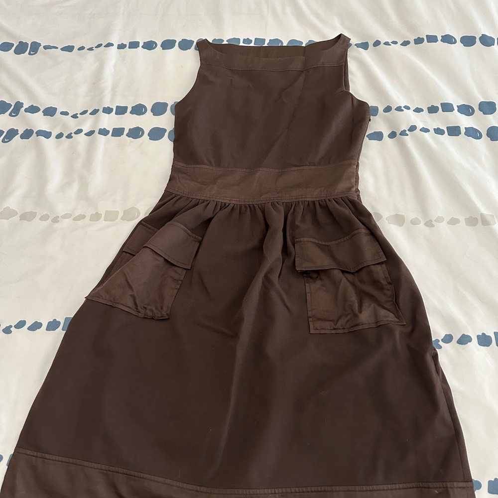 Brown Sleeveless Dress with Silk Detail and Pockets